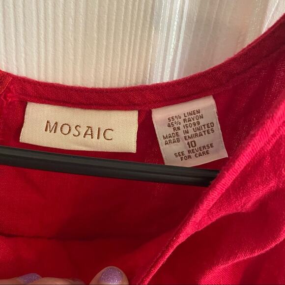 Mosaic Linen Blend Red Summer Midi Dress Size 10 Sleeveless Modest Neckline - Picture 3 of 7